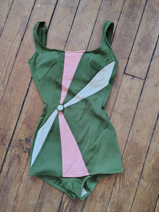 Robby Len Other - 60s Vintage Robby Len One Piece Pinup Swimsuit Green With Pink Stripes XS Small